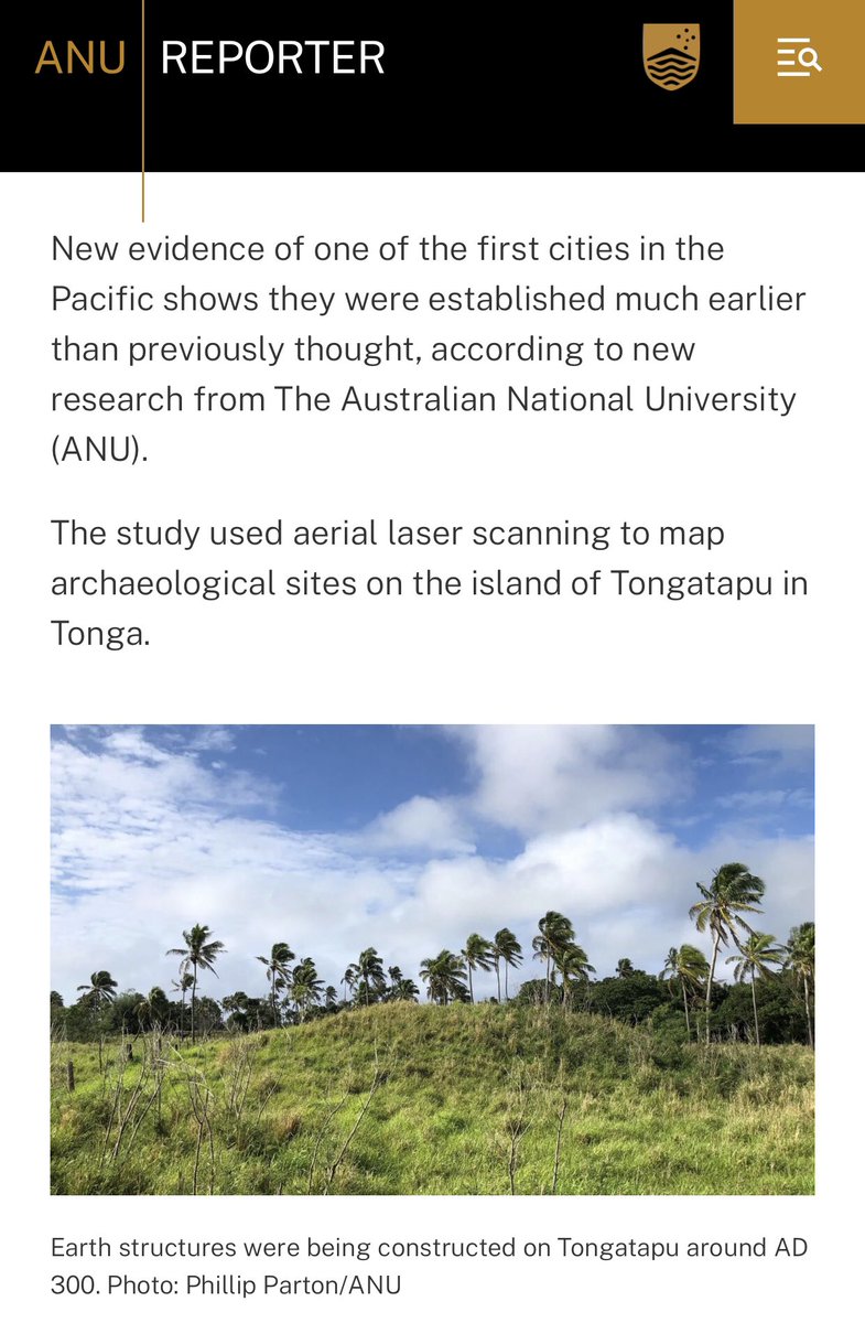 “Earth structures were being constructed in Tongatapu around AD 300. This is 700 years earlier than previously thought.” Is it more likely that cities developed independently in the Pacific rather than this not actually being cities in any meaningful way? reporter.anu.edu.au/all-stories/pa…
