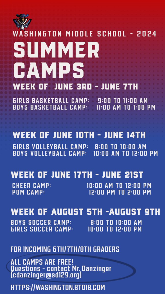 Hey Generals! Are you an incoming 6th, 7th, or 8th grader? If so, check out our FREE summer sports camps! You can register for as many as you want! washington.8to18.com/accounts/login🏀🏈⚽️ #GetInvolved #TheGeneralWay