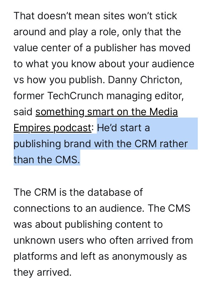 I've learned so much from @bmorrissey's The Rebooting. CRM is the future of media, not the CMS. The future of news media is about deep reader relationships, not broadcast. It's $$$$ from a few, not ¢¢ from the many. Take a read: therebooting.com/cms-to-crm/