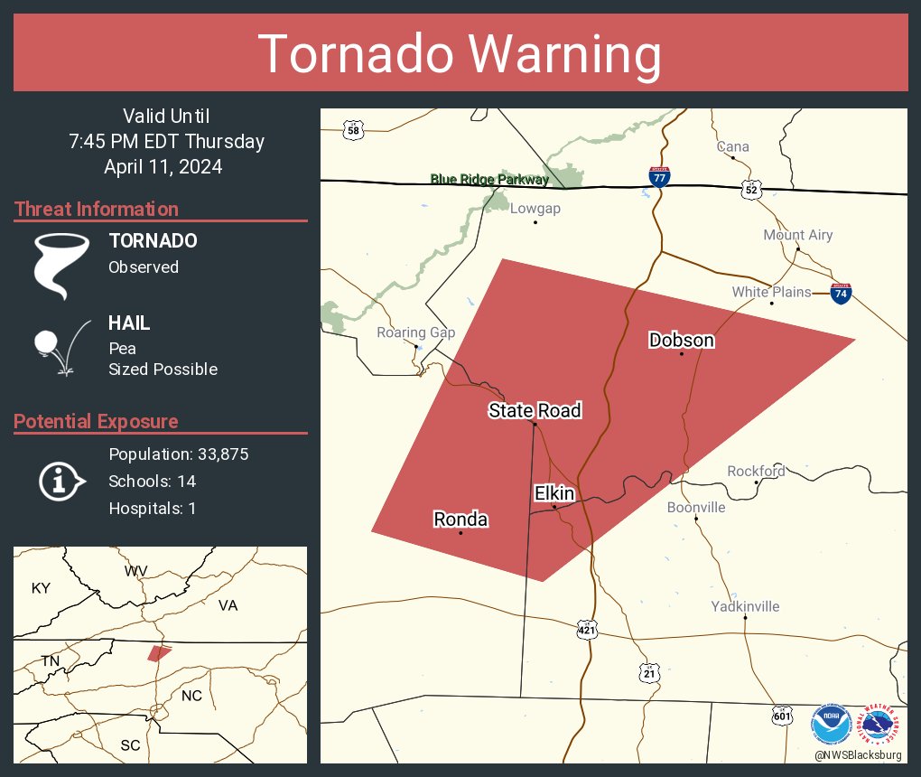 Tornado Warning including Elkin NC, Jonesville NC and Dobson NC until 7:45 PM EDT