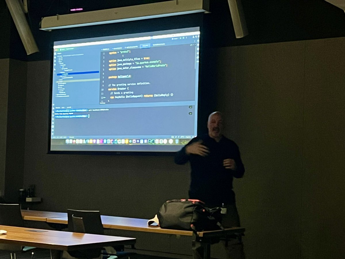 BostonJavaUsers's tweet photo. This month’s speaker, Rob Sedor, teaching attendees about ProtoBuf and @QuarkusIO’s support for gRPC https://t.co/OU57bU6C2B