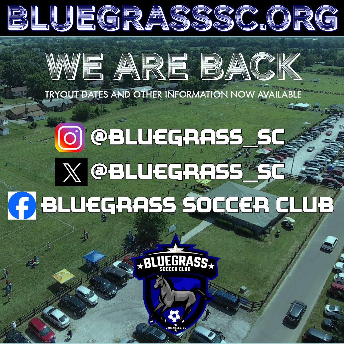 Bluegrass_SC's tweet photo. We are back!!!

🗓️ Tryout dates are posted 
🗣️ Tell your friends
📍WYSA Soccer Complex
💻 https://t.co/lzG7JetqVe
📲 follows us at the links listed!

#BluegrassIsBack https://t.co/q5pBa0Xdt5