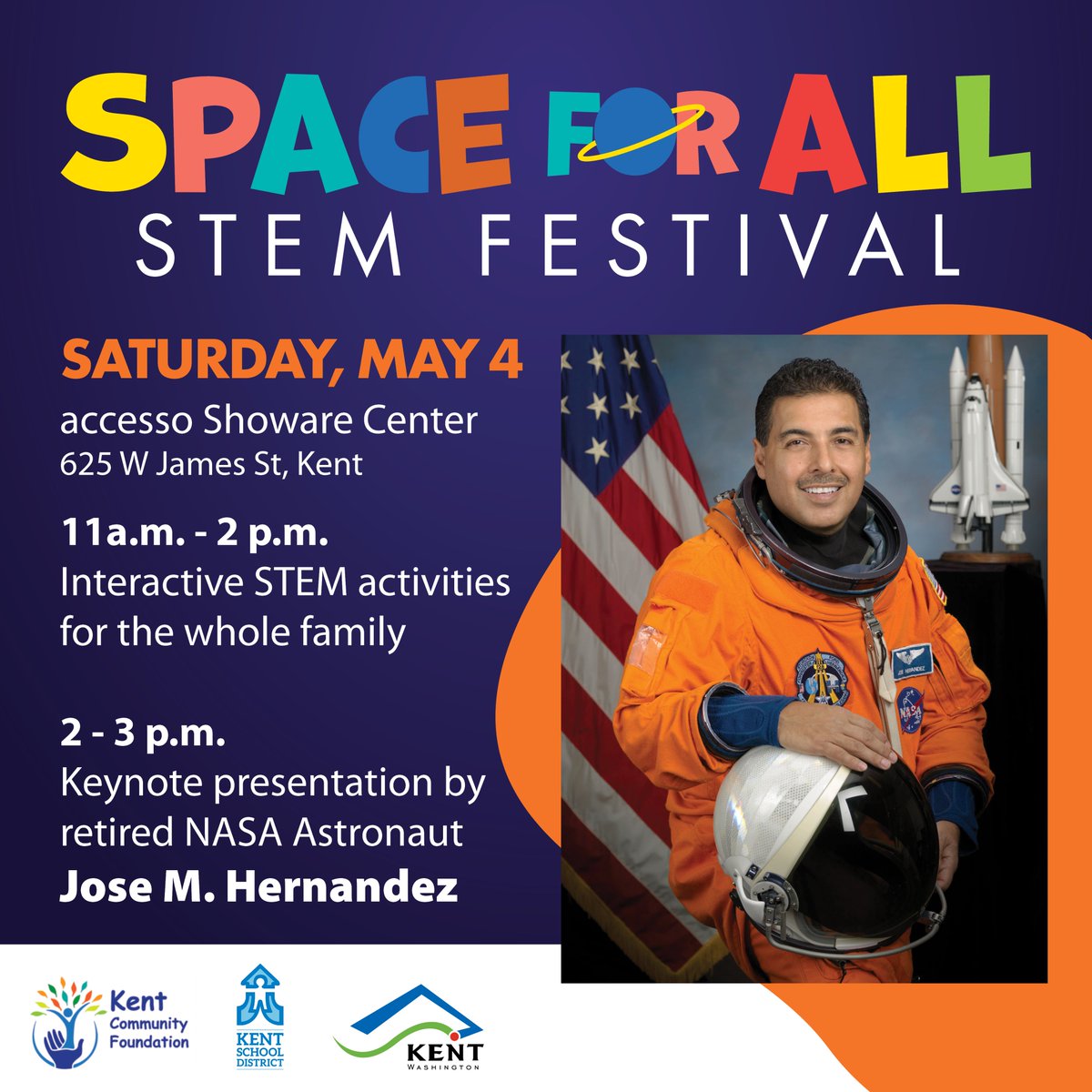 Launch into a universe where anything is possible at @ShoWareCenter for the Space for All STEM Festival! Retired @NASA Astronaut Jose Hernandez, whose amazing story is told in the movie, 'A Million Miles Away', will be giving a keynote presentation! 🚀