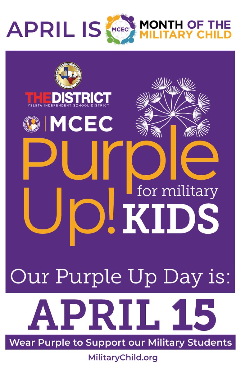 Show your support for #MONTHOFTHEMILITARYCHILD by wearing purple on Monday, April 15. Let's honor and appreciate the brave and resilient children of our military families. Join #THEDISTRICT in recognizing their sacrifices and strength. #PurpleDay #SupportOurMilitaryKids 💜