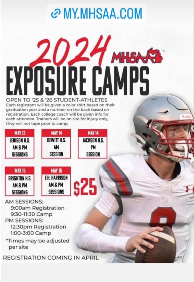 College Coaches!!! If you want to see Michigan HS Football players CO 25-27 doing football drills in the spring with helmets and footballs, these are the ONLY sanctioned events the week of May 13-May 16. Check out the @MHSAA Evaluation Camps. Players from all over the state!