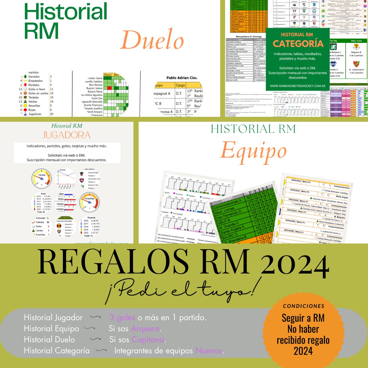 ¡Regalos RM!

🏑Si metes 3 + más goles en 1 partido te llevas un Historial Jugadora.

🥅Arquera: Historial Equipo.

🪄 Equipos Nuevos: Historial Categoría

👩‍🔧Capitanas: Historial Duelo

Condiciones:
- Seguir a @rankingmetro
- No haber recibido regalo 2024

¿Te lo vas a perder? 🎁