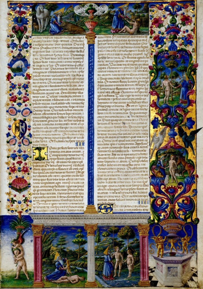 The Borso d'Este Bible is an illuminated manuscript in two volumes; the illuminations, the work of Taddeo Crivelli and others, were made between 1455 and 1461. The work is preserved in the Biblioteca Estense in Modena under the collocation Ms. Lat. 422-423.

Here are the two