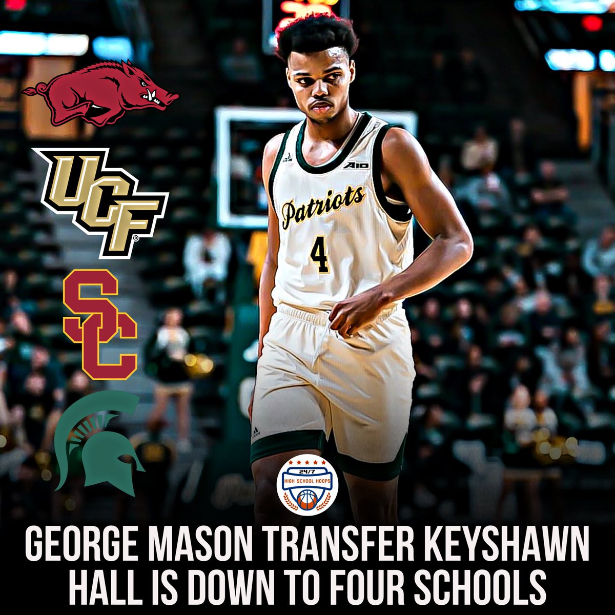 NEWS: George Mason transfer Keyshawn Hall has cut his list to four schools, he tells me: USC Michigan State UCF Arkansas Hall is a big guard who averaged 17.2PPG, 8.4RPG and 1.5APG this season. Began his career at UNLV.