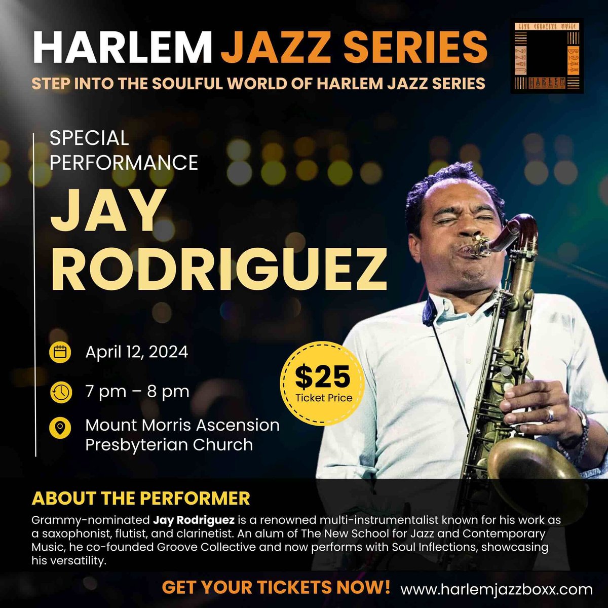 Catch the Harlem Jazz Series on April 12th with Jay Rodriguez, known for his diverse music collaborations. Enjoy a fusion of jazz styles at Mount Morris Ascension Presbyterian Church, 7 pm. Tickets: $25 at harlemjazzboxx.com/?utm_source=fb…