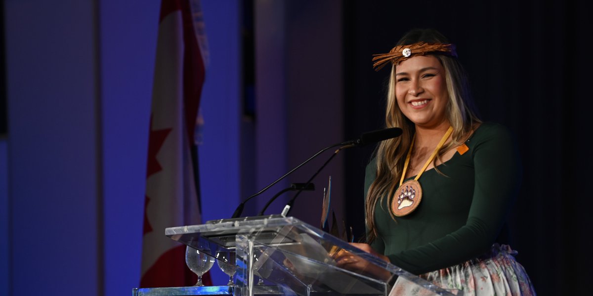 Raven Lacerte, co-founder of the Moose Hide Campaign, is the winner of the Emerging Leader Award. She is greeted with a long standing ovation. Lacerte begins her speech explaining how the Moose Hide Campaign was born: “We were hunting a moose along the Highway of Tears where…