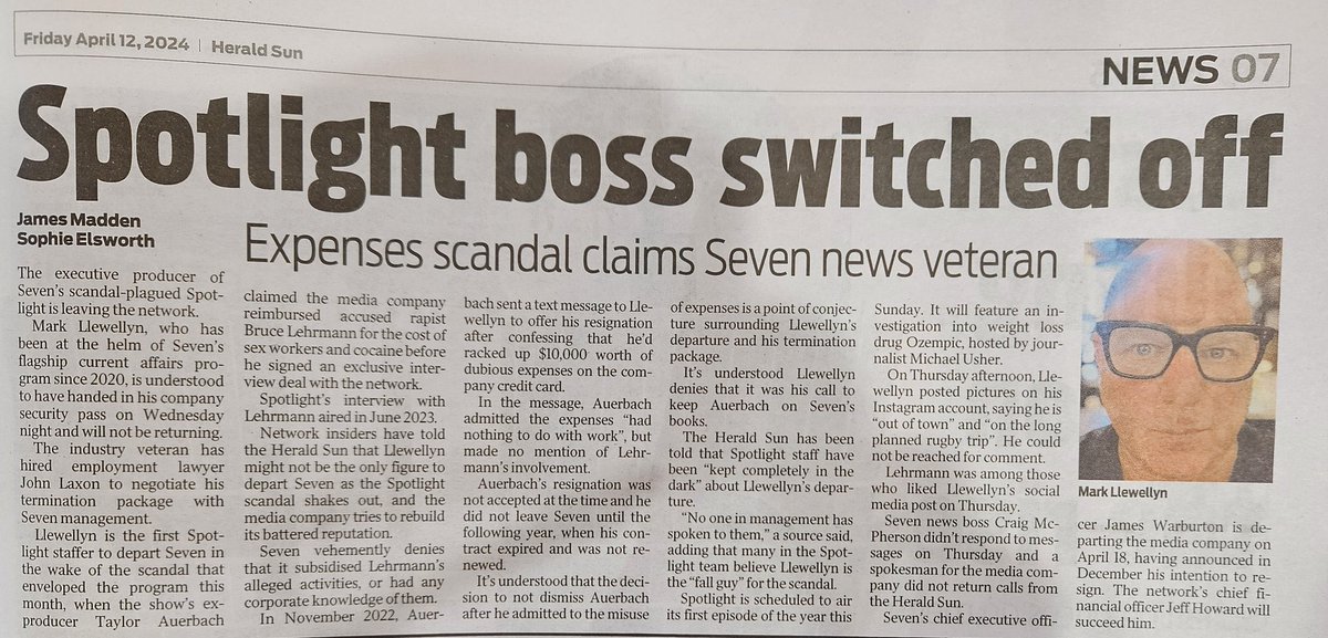 ***MORE BREAKING NEWS, WITCHES*** After posting yesterday the @Channel7 @7NewsSpotlight show was in crisis talks with disgraced boss Mark Llewellyn (who approved the spending of his company’s money on accommodation, sex workers and cocaine for a twice-accused rapist), we’re even…