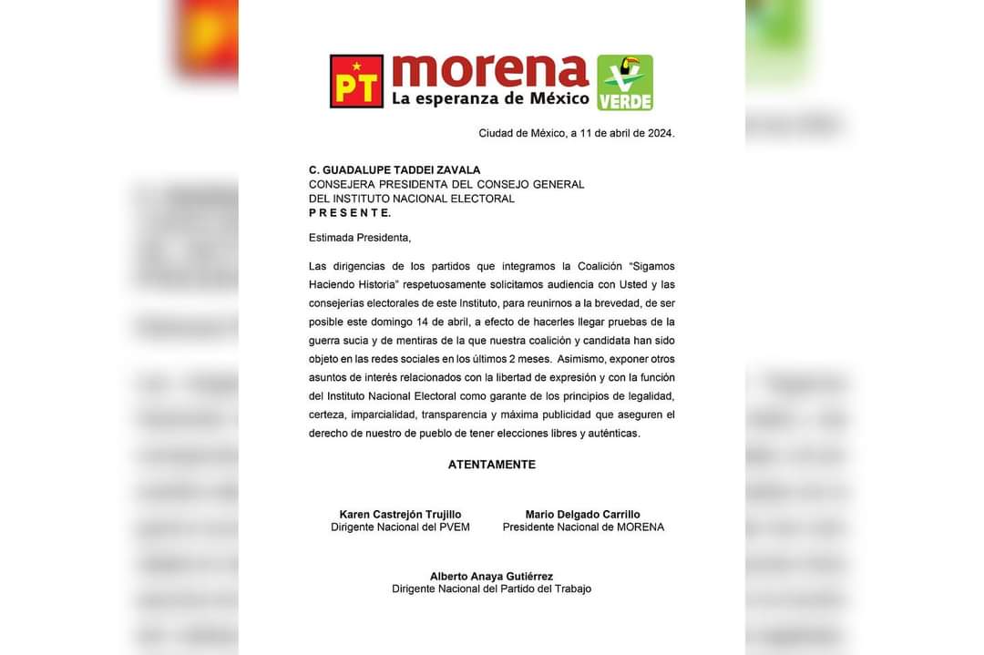 En conferencia de prensa, anunciamos que las dirigencias de los partidos que conformamos la Coalición #SigamosHaciendoHistoria: @PartidoMorenaMx, @PTnacionalMX y @partidoverdemex, hemos solicitado una audiencia al INE México. Nos preocupa que hayan ido los representantes del…