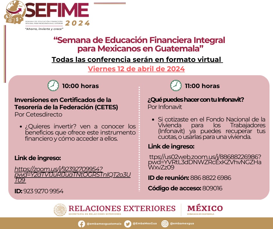 ConsulMexGuate's tweet photo. Comunidad 🇲🇽 residente en 🇬🇹,el día de mañana cerramos con broche de oro, ingresa a las conferencias virtuales de la #SEFIME, el 🗓️12 de abril a partir de las ⏰10:00 hrs. Ingresa acá 👉https://t.co/ZdePyE0XA4
@IME_SRE @mborregol @luisgure @cibelaus
@JulietaOliviaM1 @EmbaMexGua https://t.co/QRcmcFprGw
