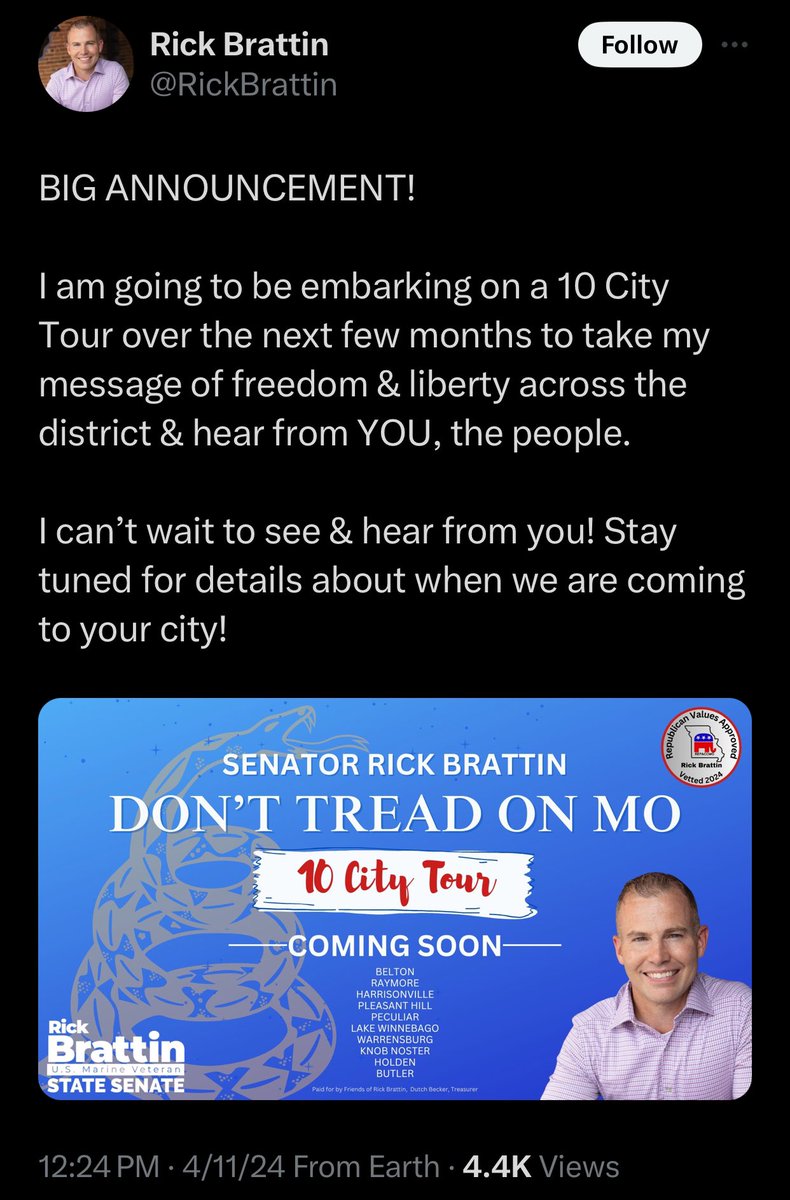 Big announcement!! I too am going to embark on a “Don’t Tread On MO” tour. I’m going to hit every city & leave y’all the f*ck alone! Need an abortion? Fine by me, I’m not your doctor. Your kid is trans? Great, please tell me their pronouns. Teachers want to teach? Cool! #LFG