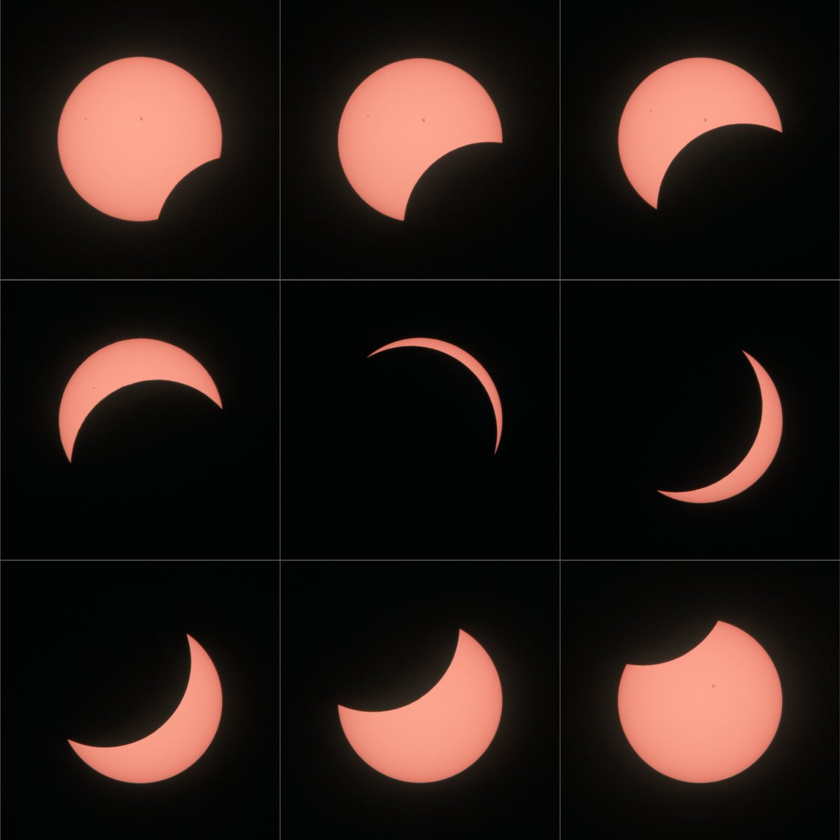 tadpoleastro's tweet photo. Here's my panel of the eclipse in 15 min intervals. The center panel is as best as I can figure the 94% we saw here in Berwyn. Clear Skies!
ES-ED 80
Canon T3i
SW AZ-GTe

#Astrophotography #Eclipse2024 #EclipseSolar2024 https://t.co/2ItgXEkZE6