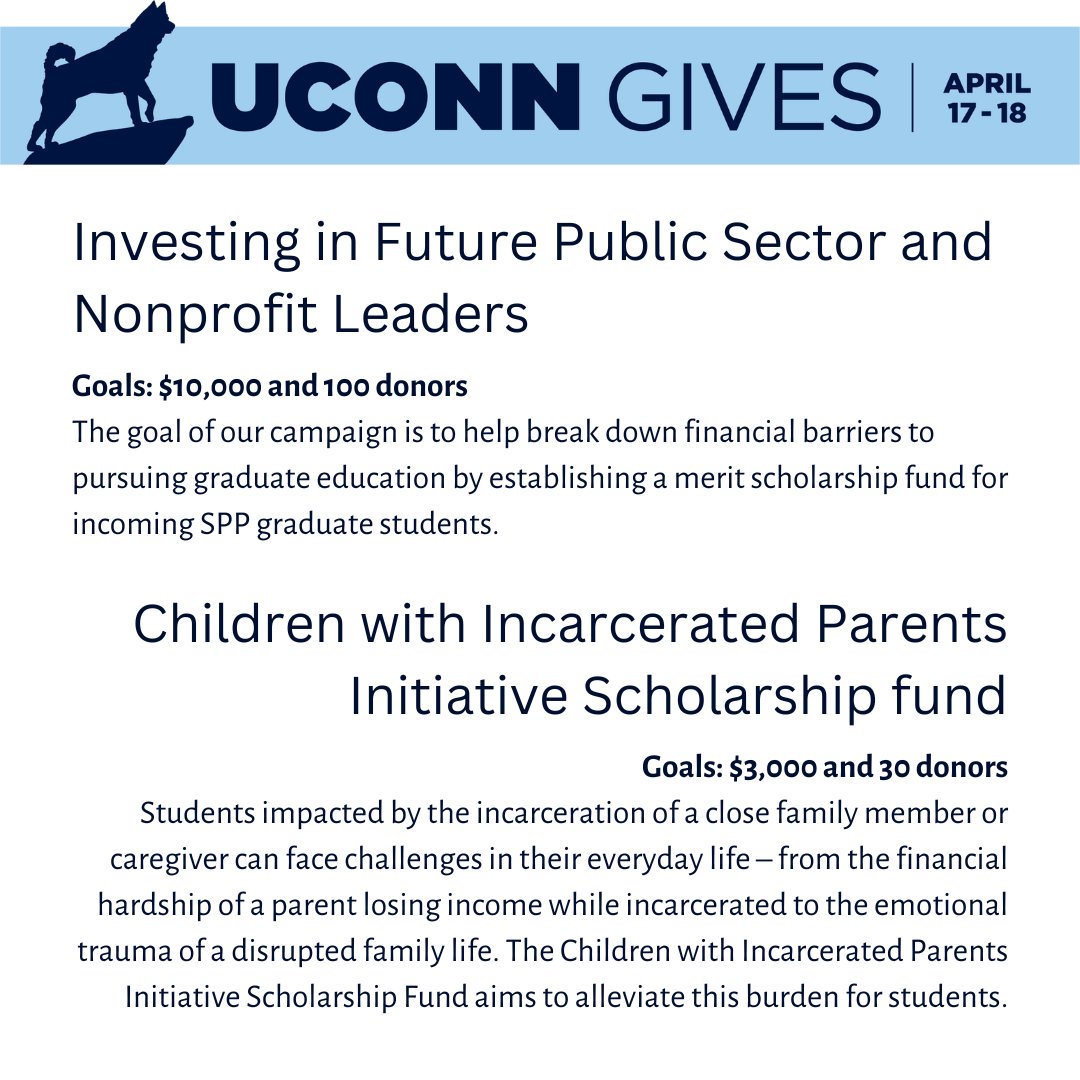 Welcome to #UConnGives 2024 with #UConnSPP & @IMRP (@CTCIPInitiative)! We thank you for your generosity and look forward to sharing reasons to give over the next 36 hours. Visit our UConn Gives landing page on our website to explore the two ways to give publicpolicy.uconn.edu/uconn-gives