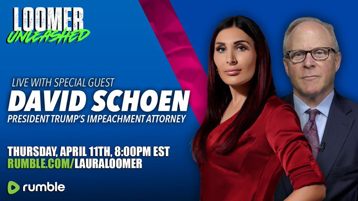 Tune into @LoomerUnleashed at 8 pm EST tonight LIVE on @rumblevideo. My guest tonight is David Schoen, who served as President Trump’s lawyer during the 2nd impeachment trial. He’s going to be breaking down what we can all expect next week during President Trump’s next trial in…