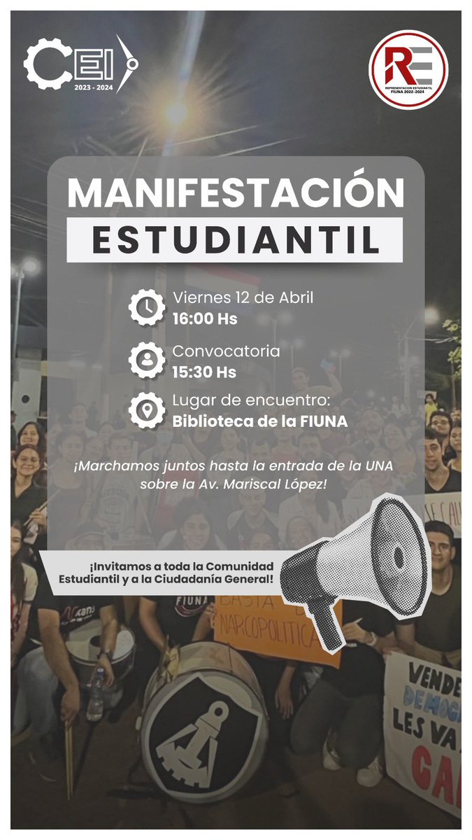 MANIFESTACIÓN ESTUDIANTIL - VIERNES 12/04 ¡Invitamos a toda la Comunidad Estudiantil y a la Ciudadanía General! Favor compartir el flyer 😎🔥