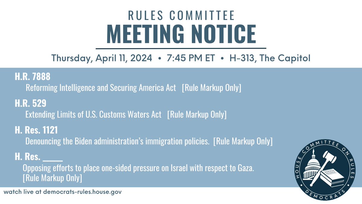 At 7:45pm, the committee will hold an emergency meeting for Rule Markup Only of H.R. 7888, H.R. 529, H. Res. 1112, and H. Res. 1117. Tune in here: youtube.com/watch?v=PFUvOZ…