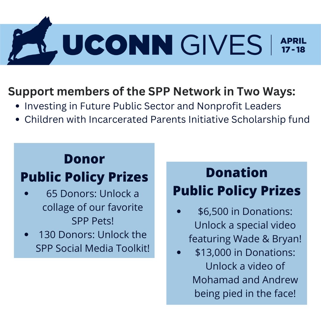 Did you know that your donations can unlock a #PublicPolicyPrize? We see pet photos, a social media tool kit & funny videos in your future! Learn more about our #UConnSPP & @IMRP (@CTCIPInitiative) campaigns and donate now via our #UConnGives landing page publicpolicy.uconn.edu/uconn-gives