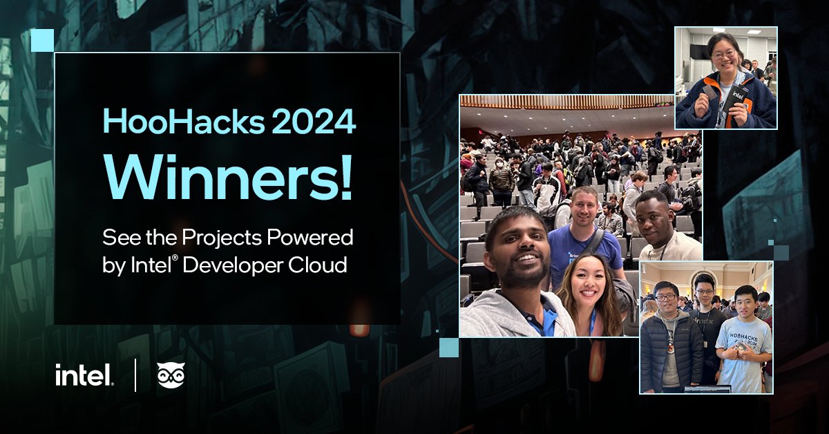 IntelSoftware's tweet image. What an amazing showing for @HooHacks 2024, with three winners standing above the rest. Congrats to MosaicHealth AI, Mind River, and EcoSense for your use of #IntelDeveloperCloud. We look forward to the next #hackathon! intel.ly/3PYYhem