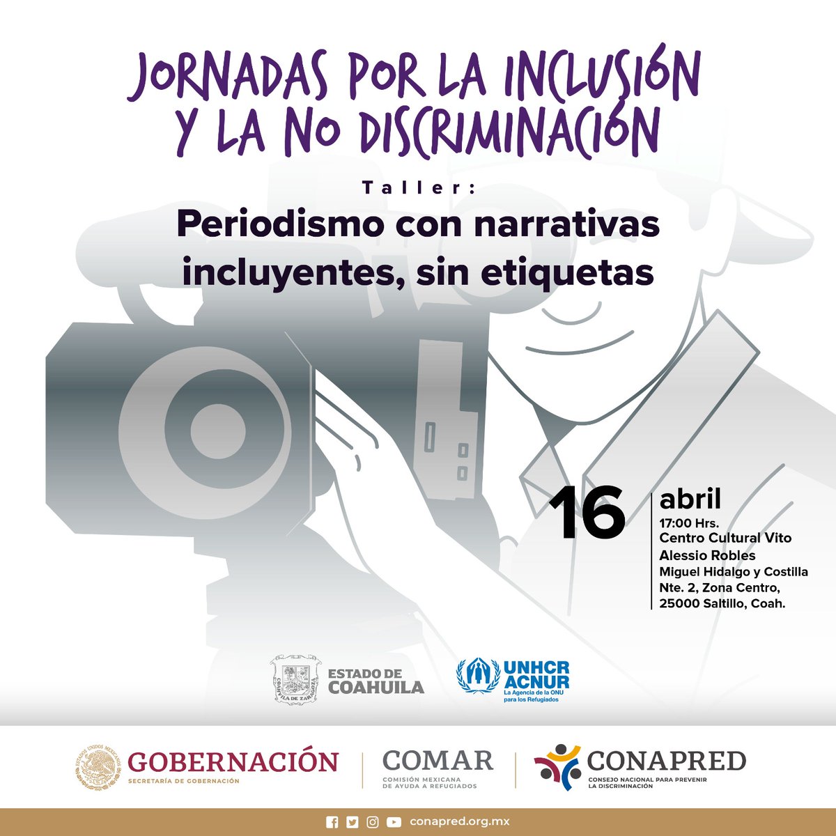 ¿Eres periodista y estás en #Saltillo? Te invitamos al taller para crear narrativas sin etiquetas. Dirigido a medios de comunicación. 🗓️ 16 de abril 📍Centro Cultural Vito Alessio Robles 🕛 17 H 💻Confirma tu participación al correo: comarcomunicacion@gmail.com