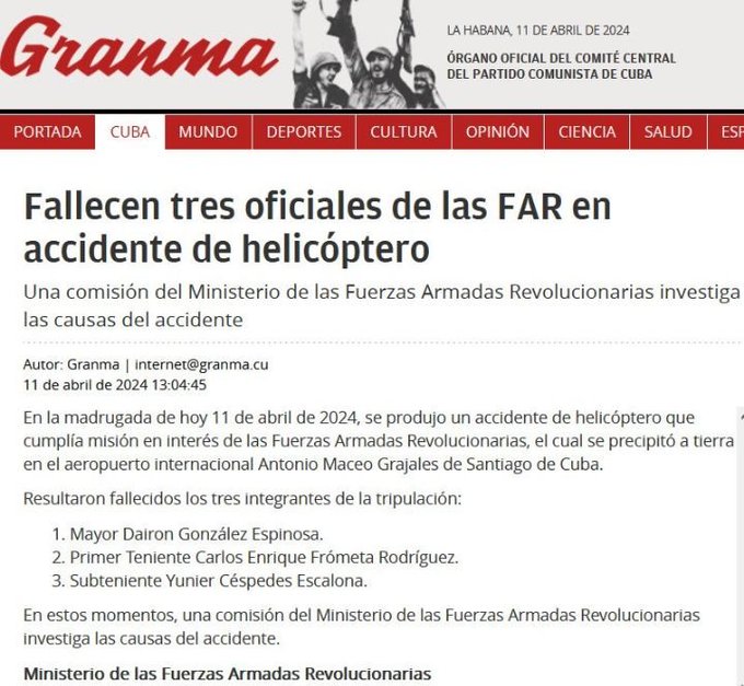Mis condolencias a familiares y amigos de los tres combatientes fallecidos en el accidente de helicóptero ocurrido hoy en la madrugada en el aeropuerto Internacional Antonio Maceo de Santiago de Cuba. #CubaHonra #AgriculturaCubana