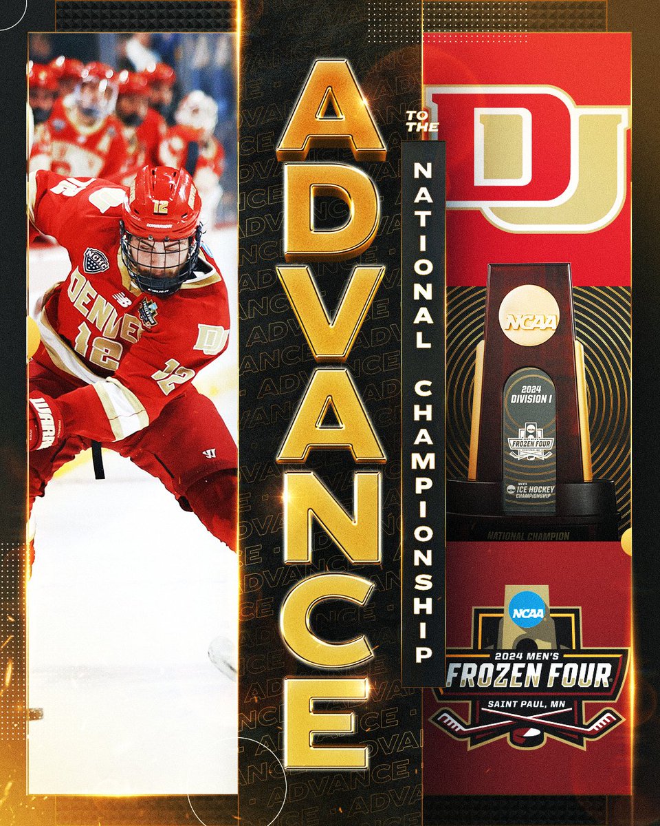 ‼️ 𝐓𝐇𝐄 𝐏𝐈𝐎𝐍𝐄𝐄𝐑𝐒 𝐀𝐑𝐄 𝐍𝐀𝐓𝐓𝐘 𝐁𝐎𝐔𝐍𝐃 ‼️ (3) @DU_Hockey is headed to the National Championship for the 13th time in program history after defeating (2) Boston University, 2-1, in overtime! #MFrozenFour