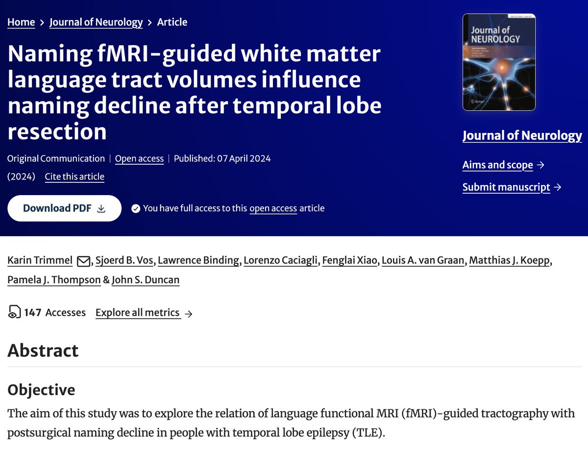 #NewPaper supported by NIF @CMCA_UWA:

Naming fMRI-guided white matter language tract volumes influence naming decline after temporal lobe resection

doi.org/10.1007/s00415…

@sjoerdbvos <a href="/LawrenceBinding/">Lawrence Binding 🧠</a> <a href="/CaciagliLorenzo/">Lorenzo Caciagli</a>  

#NCRISImpact <a href="/AusGovEducation/">Australian Government Department of Education</a> <a href="/UWAresearch/">UWA Research</a>