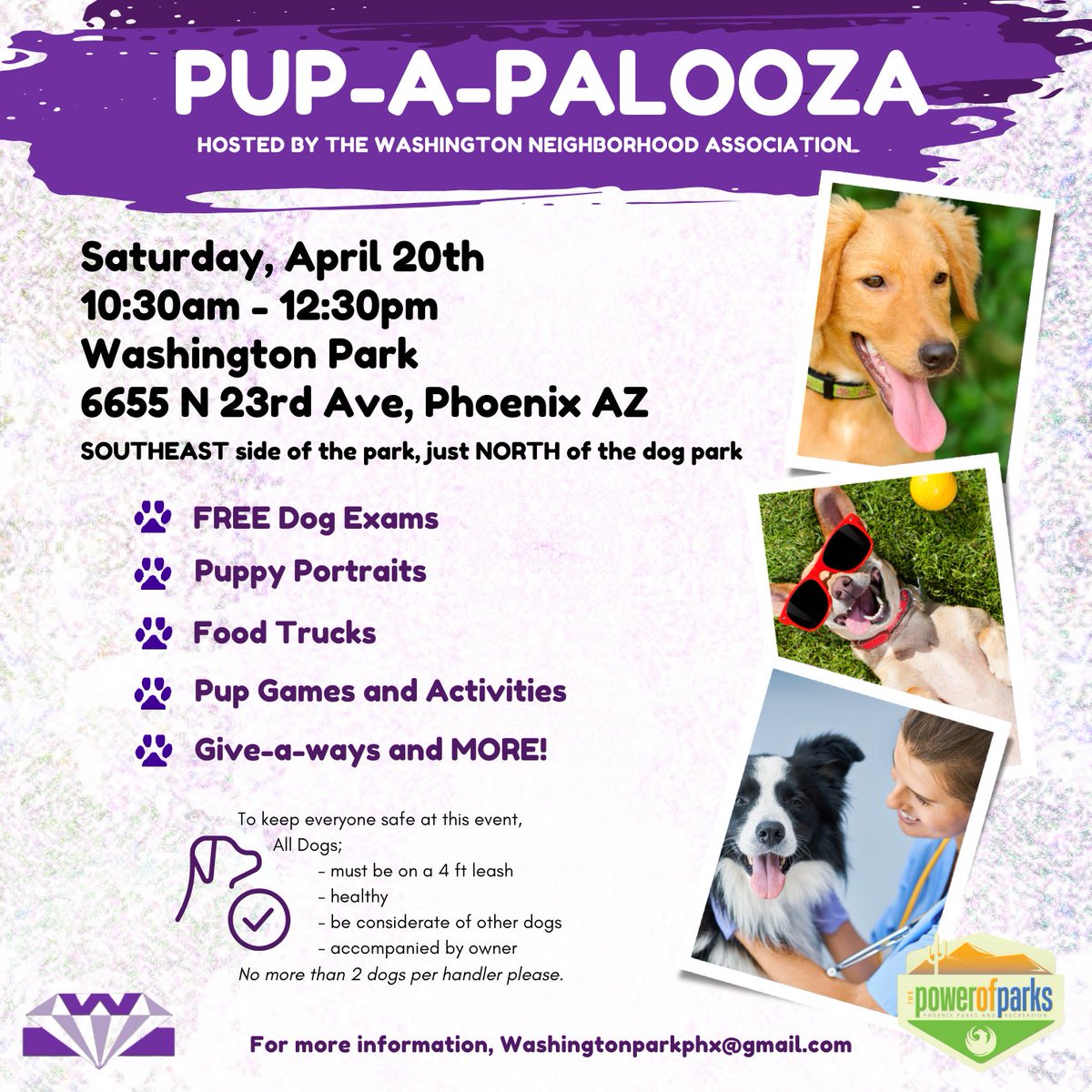 It’s National Pet Day! 🐶 Get ready for Pup-a-palooza at Washington Park on Saturday, April 20th, 10:30AM-12:30PM! Free dog exams, puppy portraits, food trucks, games, and more! 📢 Remember, all dogs MUST be on a leash no more than 6 feet long. 📍 6655 N 23rd Ave #phxparks