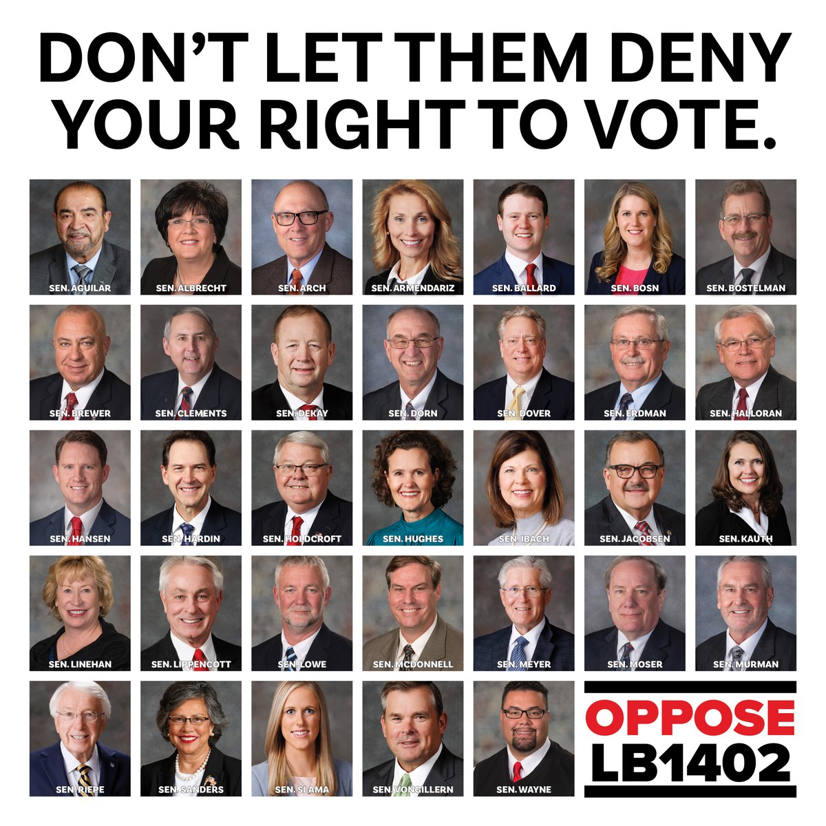 117,415 Nebraskans signed the successful referendum petition to let voters decide the issue of diverting public funds to private schools. These senators are trying to take away your right to vote on this issue. Tell them to VOTE NO on cloture on LB1402! nsea.org/LetMeVote.
