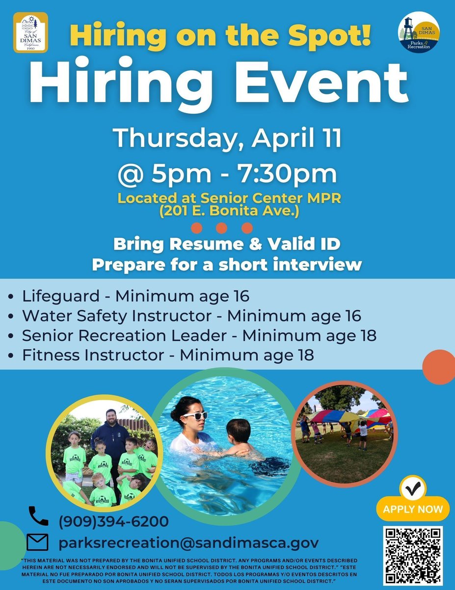 Attention! City of San Dimas Parks & Recreation Department has a Hiring Event on Thursday April 11th, from 5pm to 7:30pm at the San Dimas Senior Center! For more information visit sandimasca.gov/jobs. 💼