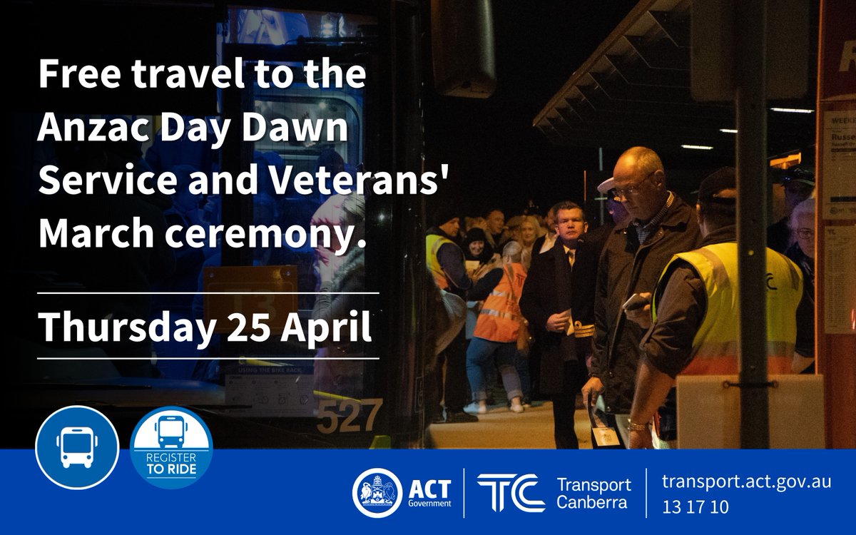 Register for a ride to the Anzac Day ceremonies at @AWMemorial. Free travel on Transport Canberra buses to the Dawn Service will depart from major interchanges. Looped services are available from Russell and Canberra Centre for both ceremonies. Register: eventbrite.com.au/o/transport-ca…