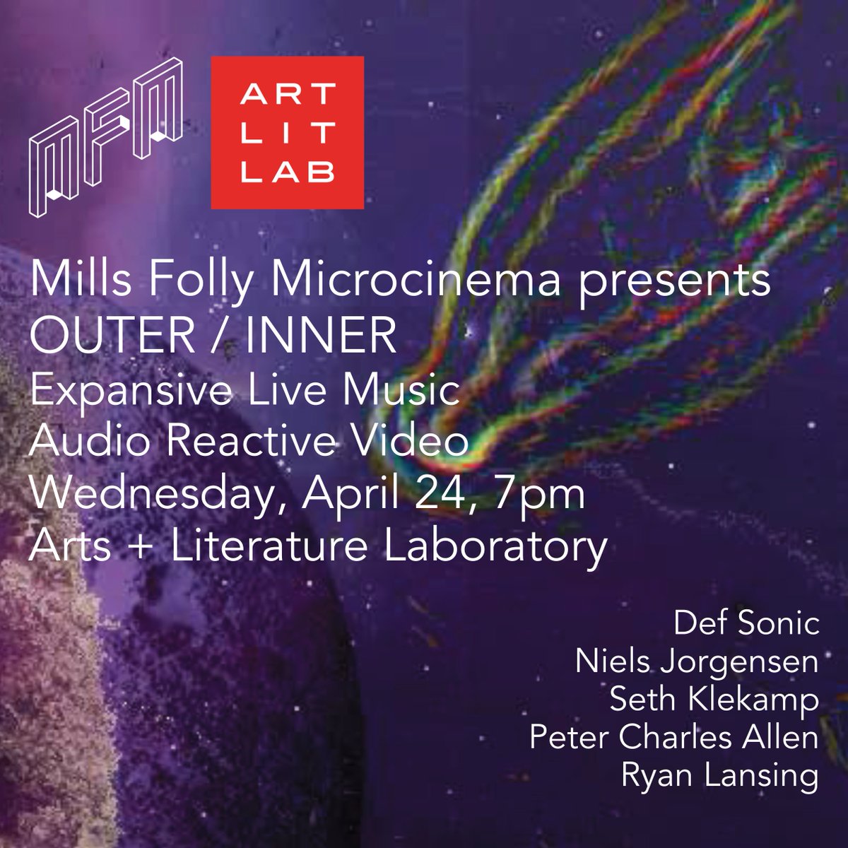 Mills Folly Microcinema presents OUTER/INNER, an evening of expansive music and audio reactive video on Wednesday, April 24, 7pm. Music by Def Sonic, Niels Jorgensen, Seth Klekamp; images by Peter Charles Allen and Ryan Lansing. Tickets available now! loom.ly/FDQ7sjI