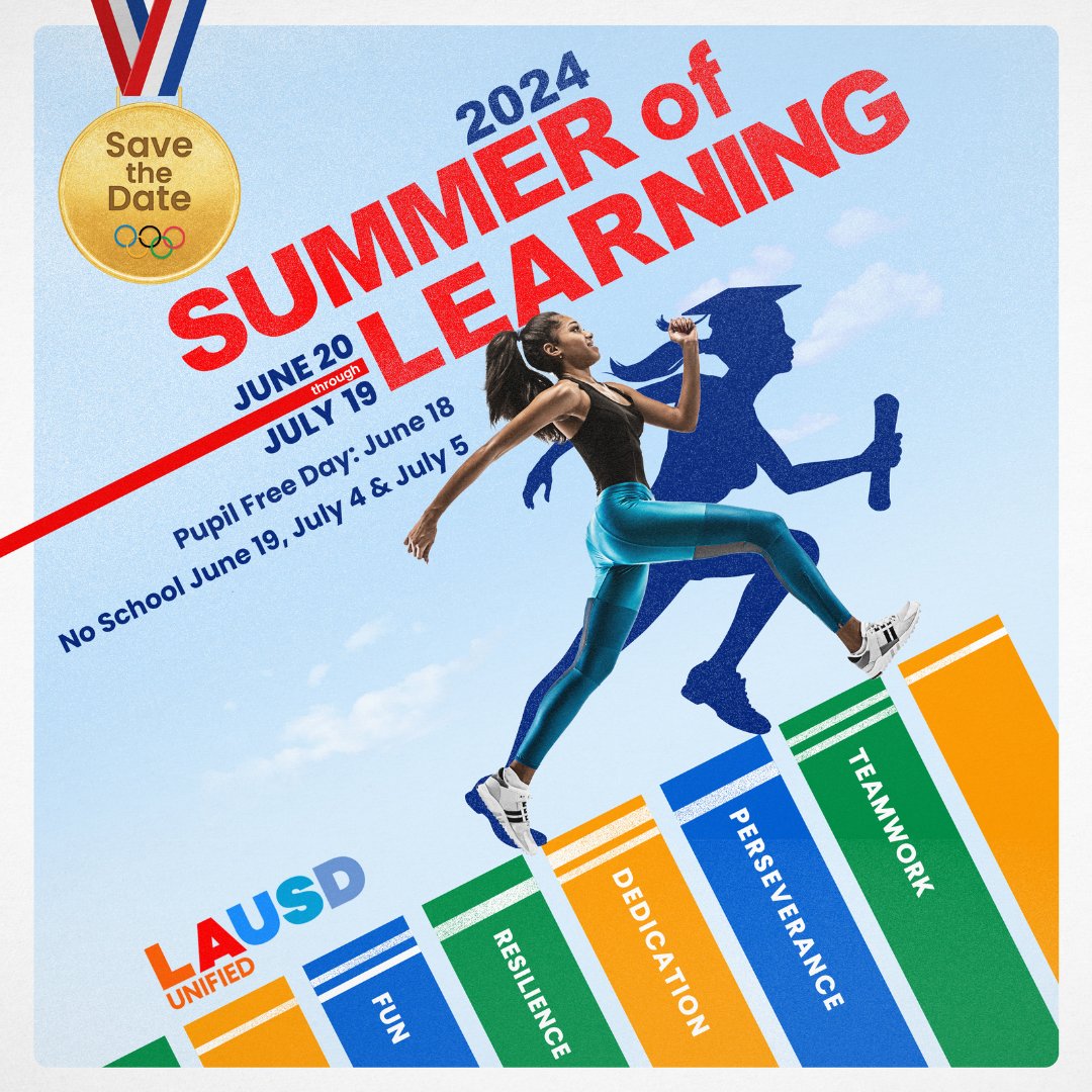 Mark your calendars! Get ready to dive into a #SummerofLearning and discover an enriching summer filled with educational adventures, running from June 20 to July 19. Save the date and visit lausd.org/summeroflearni… for more details!