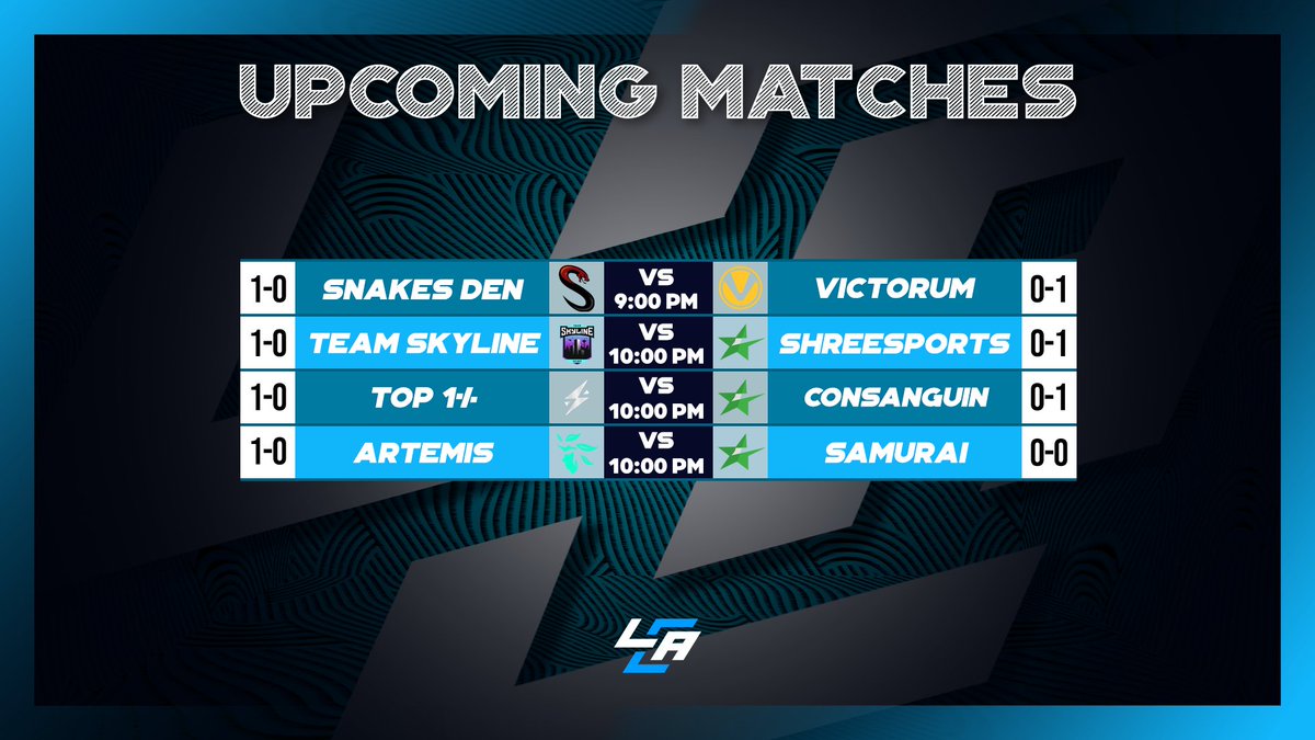 🚨 Tonight's Match Covered by LCA!🚨 ⚔️ @SnakesDenGG VS @VictorumCS 🎙️ @cernersandals ⚔️ @TSLggs VS #shreeesports 🎙️ @Amaster15 ⚔️ @TopOnePercentGG VS #Consanguin 🎙️ @cashmmt ⚔️ @EsportsArtemis VS #Samurai 🎙️ @cernersandals 🔗: IN REPLIES