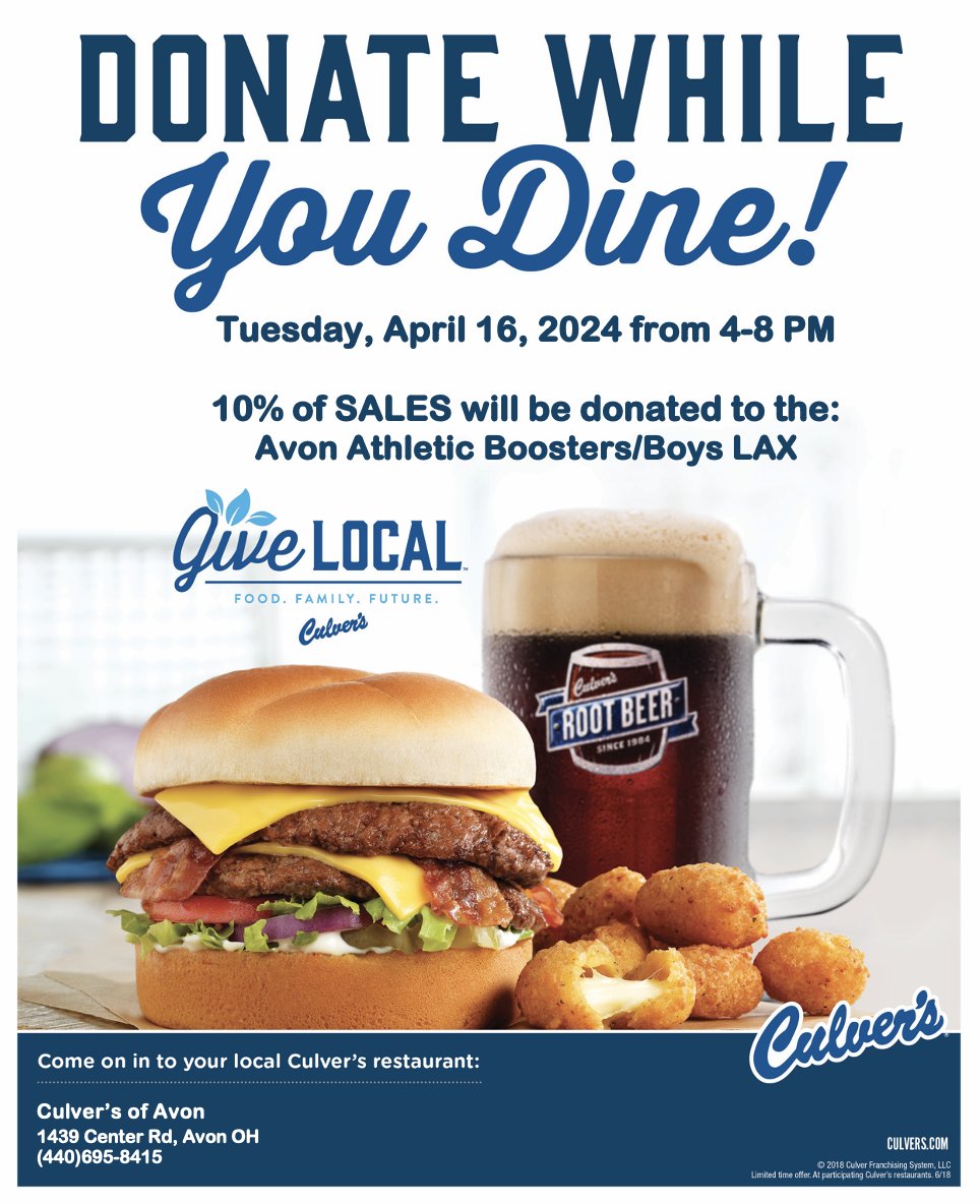 See you Tuesday at @culvers in Avon from 4-8 PM. 10% of sales directly funds your Avon HS Boys Lacrosse program. #GoEagles #AvonLacrosse #Family 🦅🥍