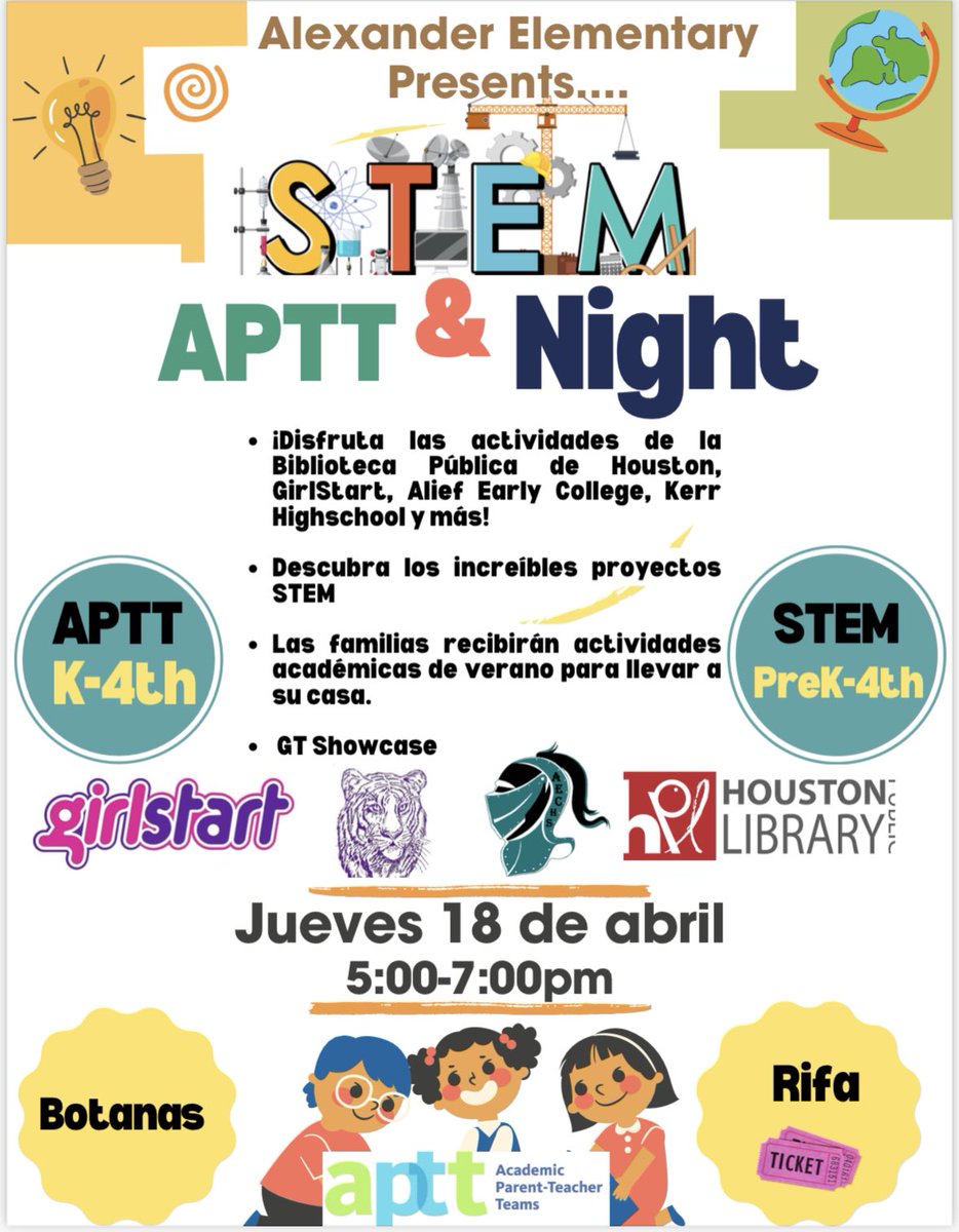 Join us next week Thursday, April 18th for our STEM & APTT night!! 5:00-7:00 pm ✨Save the Date ✨ Special visitors from @AliefKerr @AliefECHS @girlstart @houstonlibrary 🌟Fun STEM activities and Projects 🌟Summer activities to take home 🌟GT Showcase