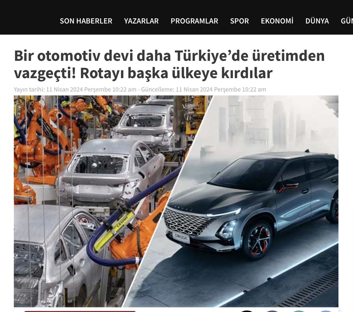 Çinli otomotiv devi Chery’nin Türkiye’de üretim yapma fikrinden vazgeçtiği öğrenildi. Dev firmanın, Türkiye yerine İspanya’da yatırım yapmayı hedeflediği iddia edildi. tele1.com.tr/bir-otomotiv-d…