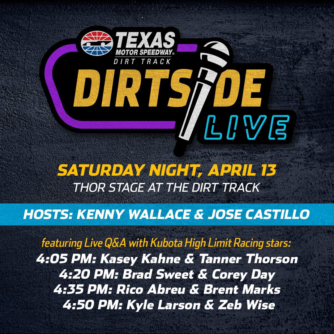 .@Kenny_Wallace is bringing a “DIRTSIDE LIVE” pre-race show to @TXMotorSpeedway Saturday! Guests including: 𝟰:𝟬𝟱𝗽𝗺: @KaseyKahne + @Tanner_Thorson 𝟰:𝟮𝟬𝗽𝗺: @BradSweetRacing + @Corey_Day_ 𝟰:𝟯𝟱𝗽𝗺: @Rico_Abreu + @BMRacing19 𝟰:𝟱𝟬𝗽𝗺: @KyleLarsonRacin + @Zeb_Wise01