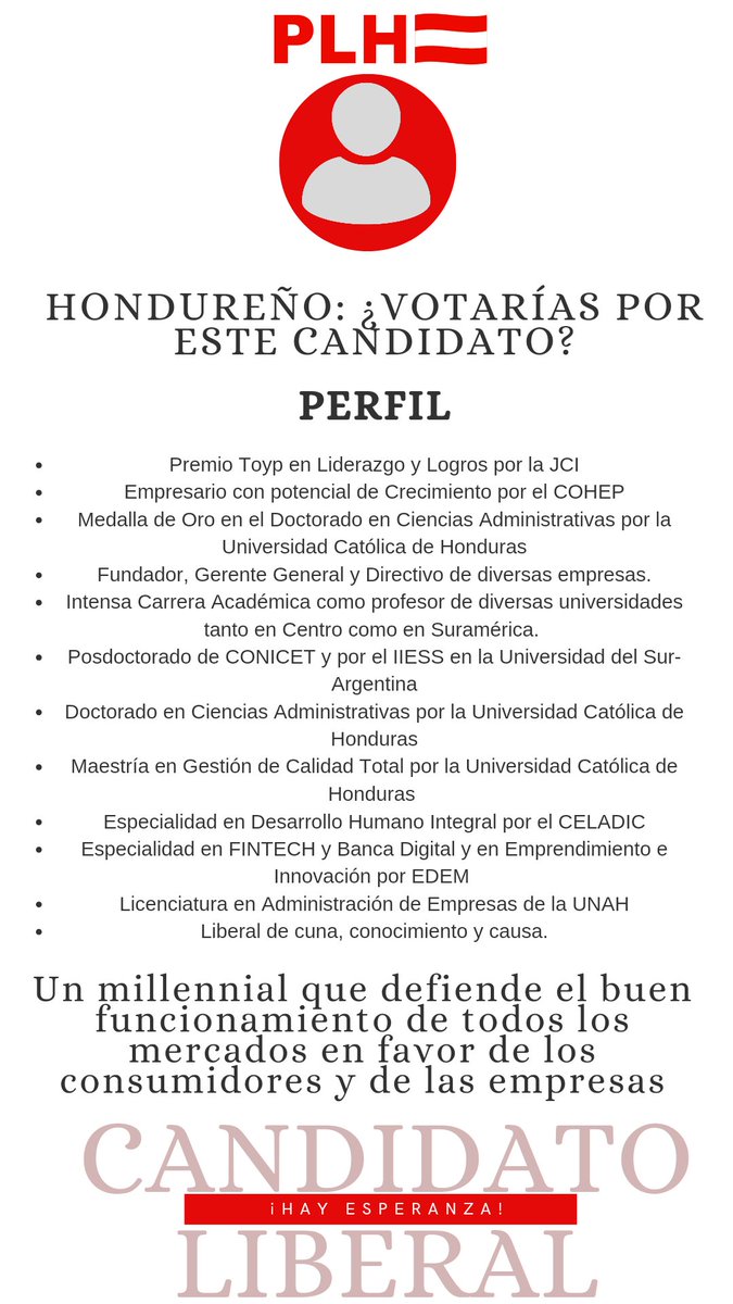 El revuelo de necesidad de candidatos en el PLH que nos ha motivado a buscar en otros lados, nace una esperanza de candidatura. A lo que pregunto a los hondureños: votarían por este perfil para predidente de Honduras. Nunca ha ostentado un cargo público, no es corrupto.