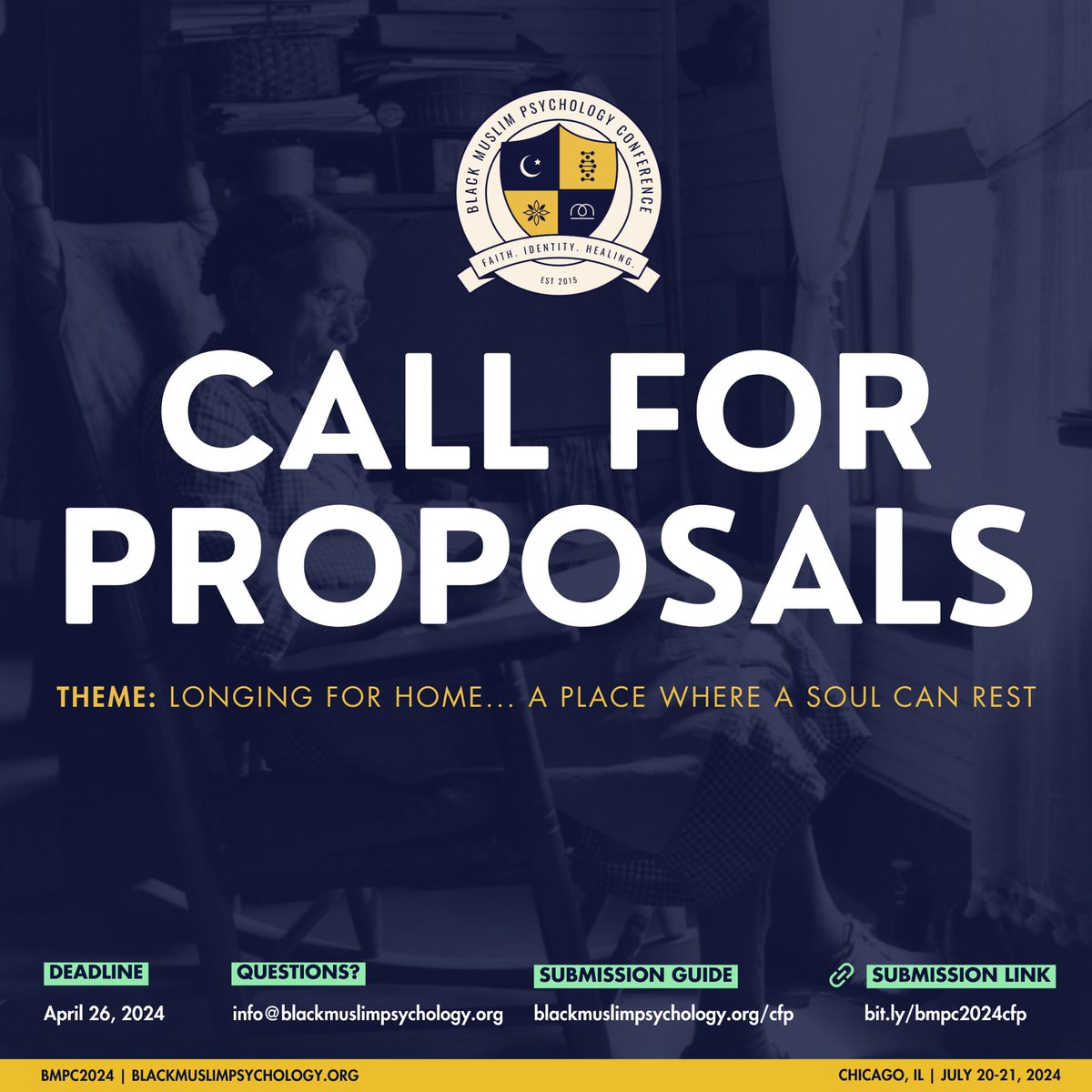 📣REMINDER: 
CALL FOR PROPOSALS DUE APRIL 26, 2024.
blackmuslimpsychology.org/cfp

📣STAY TUNED: 
For more info on registration (incl a budget friendly option), vending, sponsorship, venue/hotel + our Satu eve soiree! We hope to to see you in Chicago this summer! ✊🏾🌼
#BMPC2024