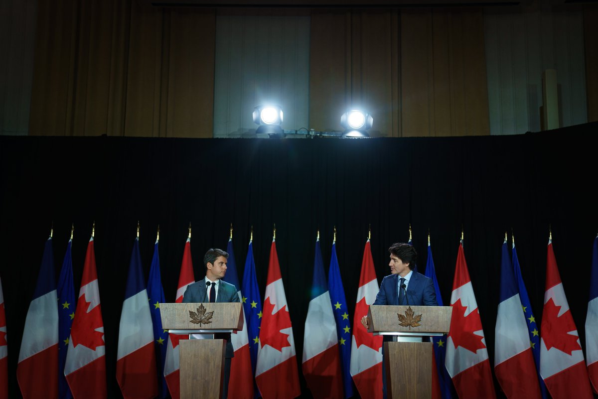 Prime Minister Trudeau welcomed Prime Minister Attal on his first official visit to Canada. During the visit, the leaders worked to advance key priorities between Canada and France, including climate action, the promotion of the French language, and more: ow.ly/bmwo50ReCRZ