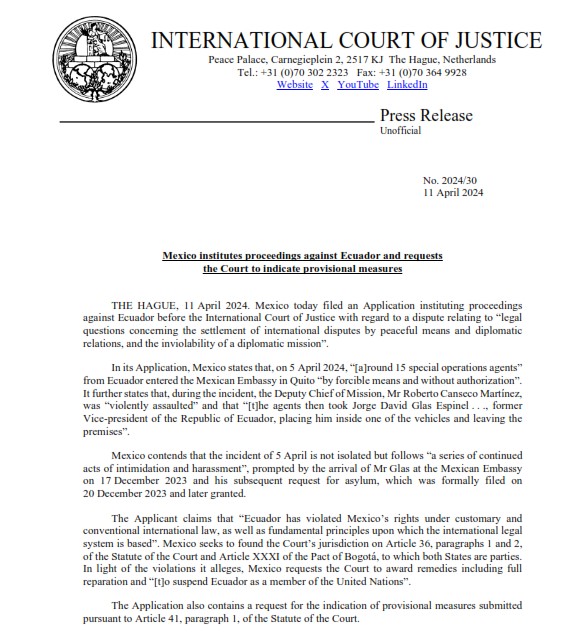COMUNICADO DE PRENSA de la @CIJ_ICJ: #México inicia proceso contra #Ecuador y pide a la #CIJ indicar medidas provisionales bit.ly/4cVReww