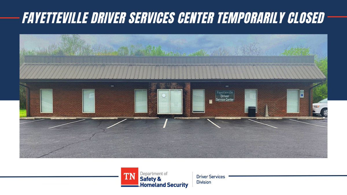 The Fayetteville Driver Services Center, located at 4110 Thornton Taylor Parkway, closed for a planned remodel on Monday, April 8. It will reopen mid-June. During the remodel, citizens can visit nearby Driver Services Centers or utilize online services at tn.gov/safety.