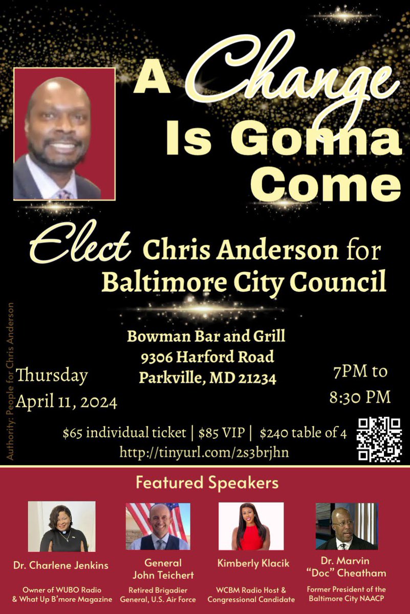 Can’t wait to see so many of you this evening in support of Chris Anderson, a republican running for Baltimore City Council. Let’s get some common sense in City Hall!