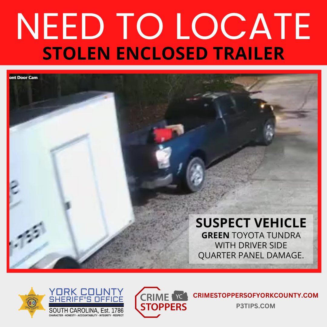 UPDATE: LOCATED! Remember in February, we asked for help locating this enclosed trailer from Center Stage Dance Academy in Fort Mill? Good news: the trailer has been located in Winston Salem, NC. Still no suspect info. #YCSONews