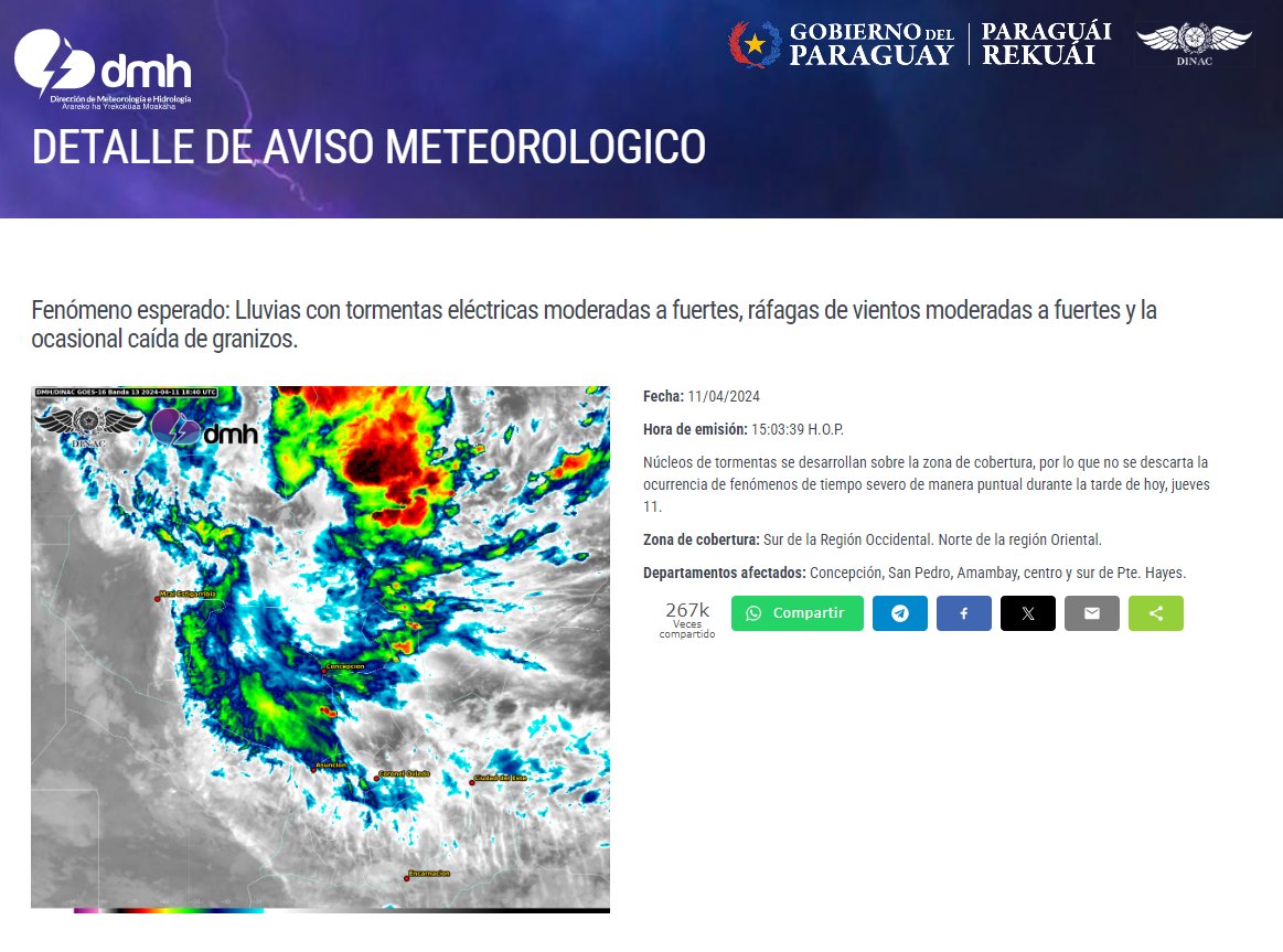 Aviso Meteorológico N° 553/2024 Emitido.
Enlace: meteorologia.gov.py/avisos/
Fecha: 11/04/2024
Hora: 15:03 h.
