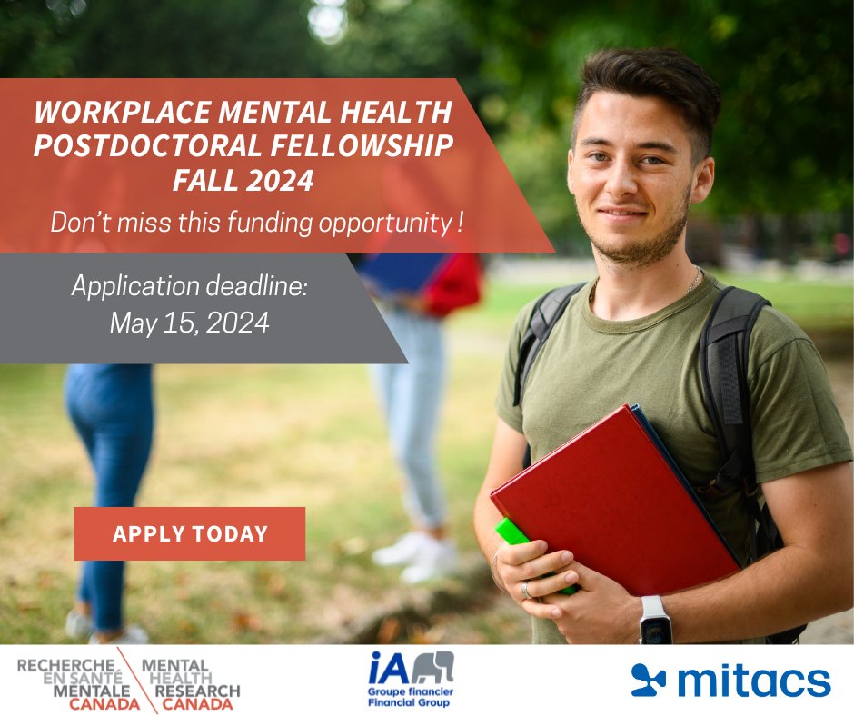 We are pleased to announce the launch of our latest Workplace Mental Health
Postdoctoral Fellowship call! With a funding of $60,000 available, we invite post-doctoral fellows from across the nation to apply.
bit.ly/3J6Hq5o

Co-funded by <a href="/IAcanada/">iA Financial Group</a> and <a href="/MitacsCanada/">Mitacs</a>.