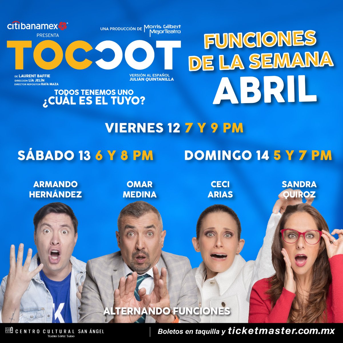 Como en toda familia, un juego de mesa es el que desatará el lado más divertido de los trastornos del elenco de #TOCTOC. ¡Acompáñalos este fin de semana! 📅 12 de abr. ⏰ 7 y 9 p.m. 📅 13 de abr. ⏰ 6 y 8 p.m. 📅 14 de abr. ⏰ 5 y 7 p.m. 🎟️ bit.ly/BoletosTocToc